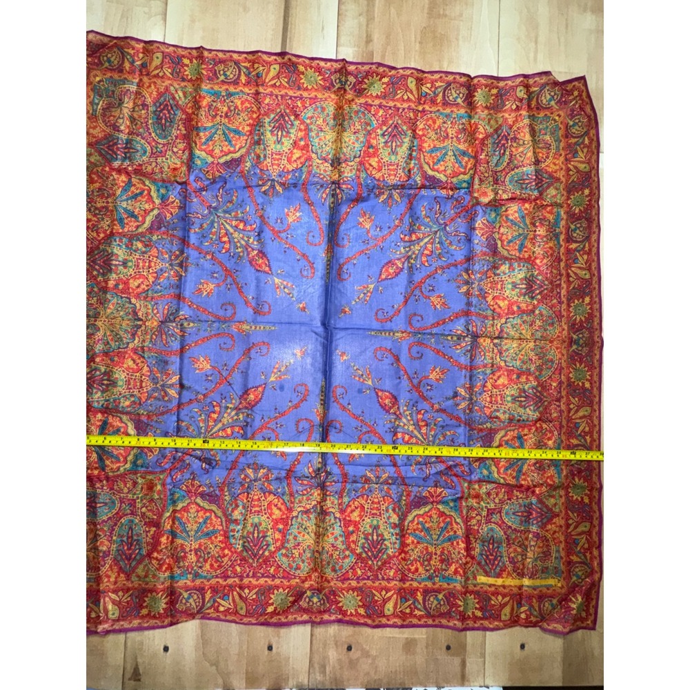 Perry Ellis Vintage Cotton Paisley Square Scarf Blue Red Made in Japan 38x38
